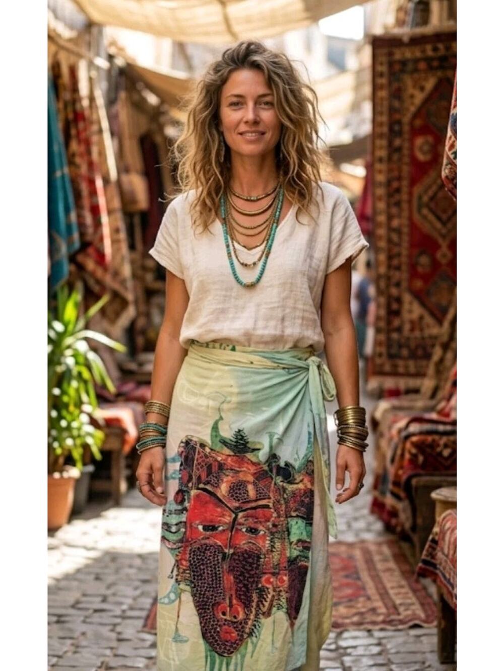 Jam's World Rare Limited Edition Mask Sarong Wrap Skirt Vtg L